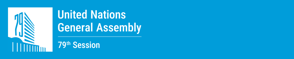 UNGA79 white and blue logo on blue background