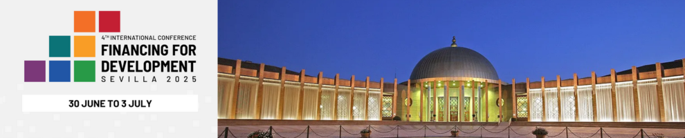Financing for development logo and Plaza Exterior Fibes Sevilla