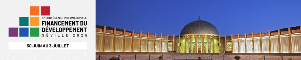 Financing for development logo and Plaza Exterior Fibes Sevilla