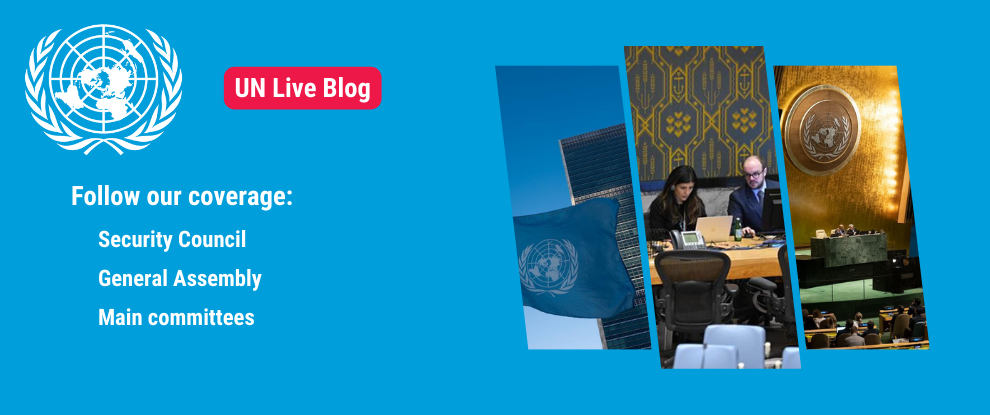 UN emblem, red "live blog" text and 3 UN images on blue background
